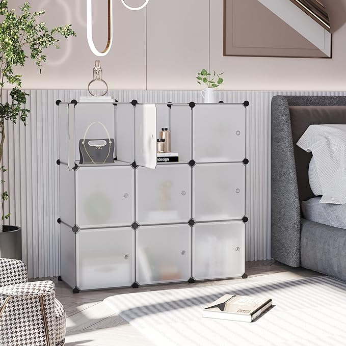 C&AHOME Cube Storage Organizer with Doors, 9-Cube Shelves, Closet Cabinet, DIY Plastic Modular Bookshelf Ideal for Bedroom, Living Room, 36.6”L x 12.4”W x 36.6”H White USBTM3009B-DOOR