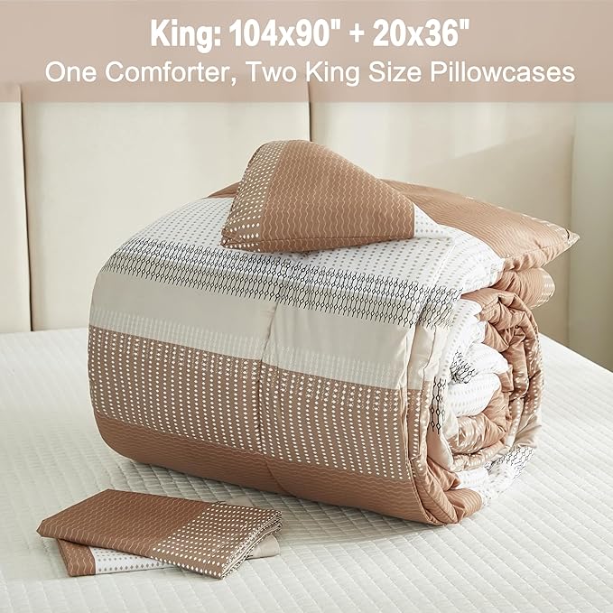 Litanika Beige King Size Comforter Set - 3 Pieces Lightweight Taupe Khaki White Colorblock Stripe Fluffy Bedding Comforter Sets, All Season Bed Set