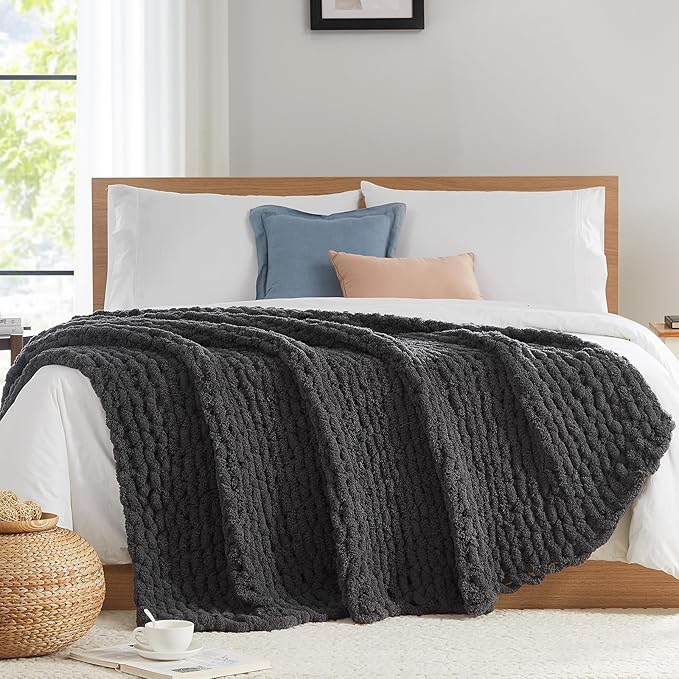 L'AGRATY Chunky Knit Blanket Throw: 80''x90'' Chenille Chunky Knitted Throw Blanket for Bed Couch - Handmade Thick Big Cable Knit Blanket - Large Chunky Crochet Blanket for Home Decor(Dark Grey)