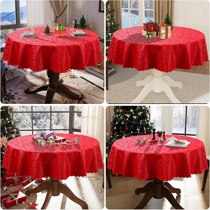 Smiry Round Waterproof Heavy Duty Vinyl Tablecloths, 70 x 70 Inch | Wipeable Washable Floral Embossed Table Cover for Kitchen and Dining Room, Indoor & Outdoor Use, Red