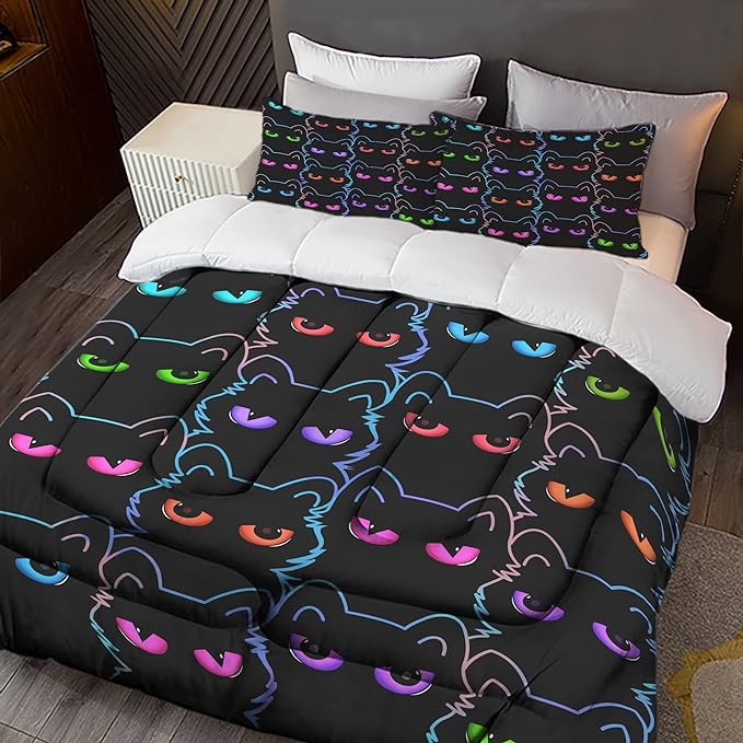 Sunnycitron Cartoon Cat Bedding Queen Comforter set Black Cat Comforter set Gradient Line Cat Quilt 3D Neon Cat Bed set Black Cat Bedding set for Teens Kids Boys Girls Adults
