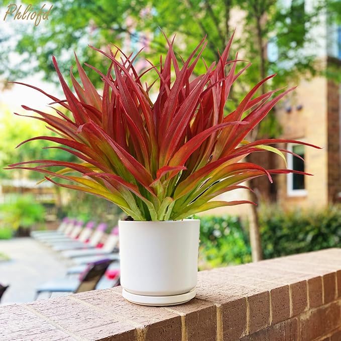 6Pcs Artificial Grass Fake Plants 17.3in Outdoor Plants UV Resistant Greenery Stems Fake Grass for Home Window Garden Office Patio Pathway Front Porch Christmas Décor Light Green & Red
