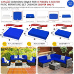 ClawsCover 12 Pack Outdoor Seat and Back Cushions Replacement Covers Fit for 6Pieces 5-Seater Wicker Rattan Patio Furniture Conversation Set Sectional Couch Chairs,Royal Blue-Include Cover Only
