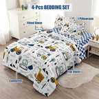 4-Pcs Construction Twin Size Boys Bedding Set, Kids Comforter Set for Teens w/Sheets and Pillowcase, Soft Cartoon Tractor Cars Bed in a Bag Sets