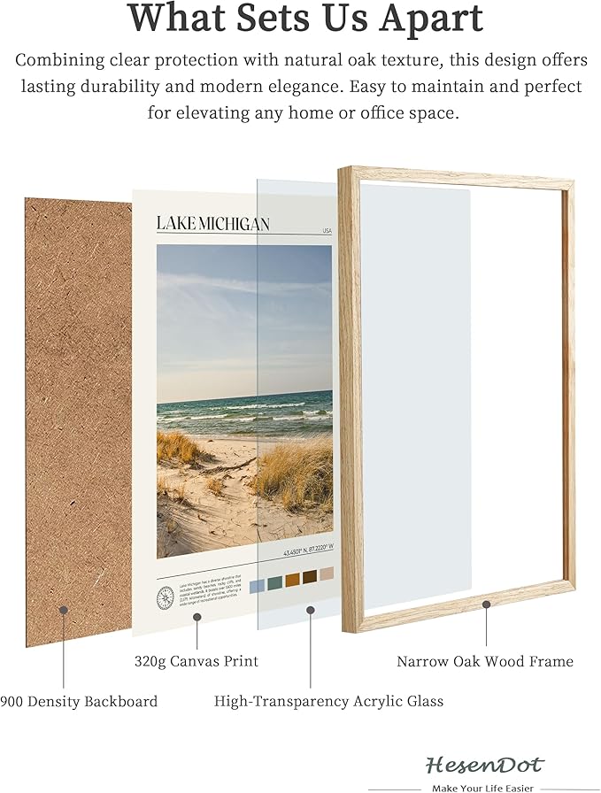 HesenDot Natural OAK Wood Lake Michigan Framed Wall Art,12x16in Natural Scenery Canvas Wall Print,Classic Urban City Landmark Wall Decor for Living Room,Bedroom,Office Gallery Gifts Set of 1