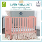 2-in-1 Portable Folding Stationary Side Crib in Dusty Pink, Greenguard Gold Certified, Two Adjustable Mattress Height Positions,Made of Solid Pinewood, Flat Folding Crib