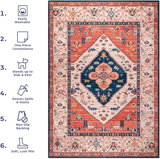 nuLOOM Carolyn Machine Washable Tribal Motif Ultra Thin Area Rug, 4' x 6', Rust