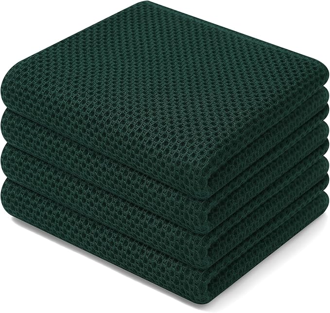 Homaxy 100% Cotton Waffle Weave Kitchen Dish Towels 4-Pack, Blackish Green | 13 x 28 Inches, Ultra Soft Absorbent Dish Towels, Quick Drying Cleaning Towels
