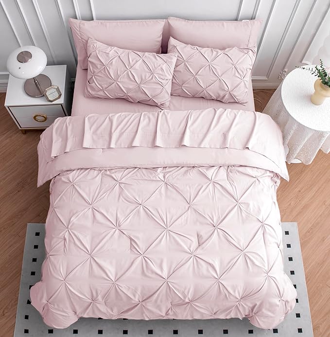 Lane Linen King Size Comforter Set, 7 Piece King Bedding Set, Pintuck King Bed in a Bag Set, King Size Pink Bed Set, Pinch Pleated King Size Comforter Set with Sheets, Pillowcases & Shams - Sepia Rose