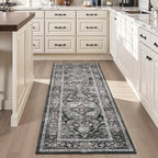 AMOAMI-2X10 Runner Rug-Washable Runners for Hallways-Soft Non Slip Bedside Rugs for Bedroom-Vintage Long Rug for Hallways Entryway Laundry Room Stair Kitchen Bathroom Dark Grey & Black