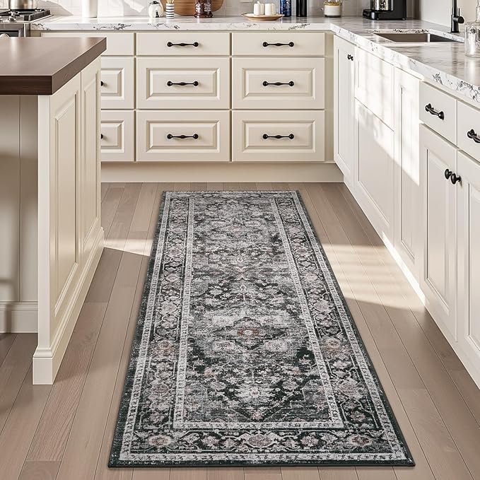 AMOAMI-2X10 Runner Rug-Washable Runners for Hallways-Soft Non Slip Bedside Rugs for Bedroom-Vintage Long Rug for Hallways Entryway Laundry Room Stair Kitchen Bathroom Dark Grey & Black