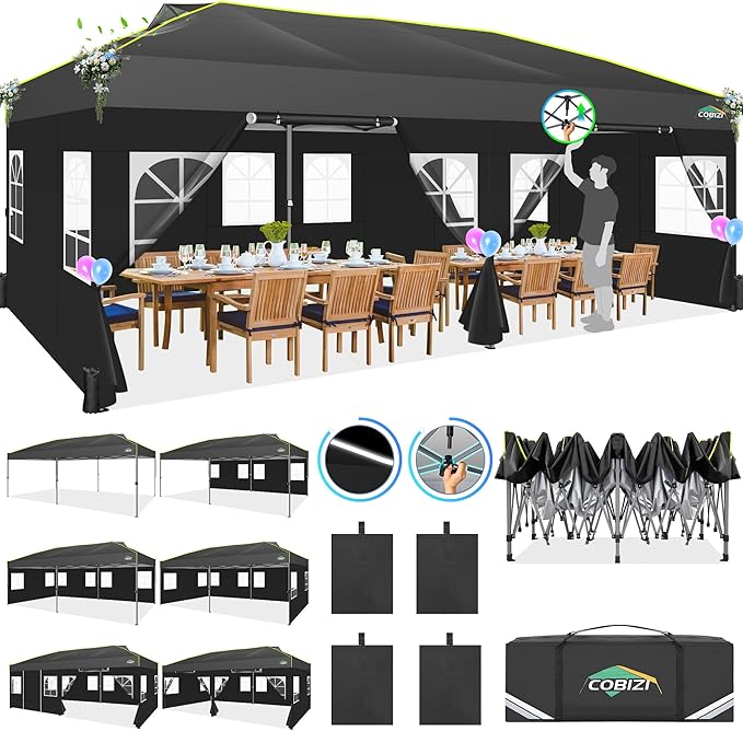 COBIZI 10x20 Pop Up Canopy with 6 Sidewalls One Push Setup Outdoor Event Shelter Waterproof UPF 50+ Gazebo Tent with Carry Bag,Air Vent,Sandbag for Wedding, Commercial, Party,Black