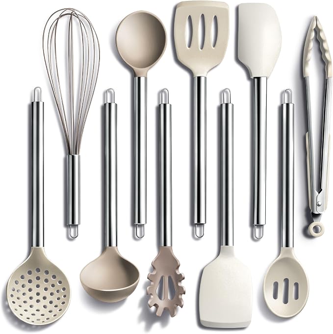 COOK WITH COLOR Silicone Cooking Utensils, Kitchen Utensil Set, Easy to Clean Silicone Kitchen Utensils, Cooking Utensils for Nonstick Cookware, Kitchen Gadgets Set, 10 Pieces, Brown