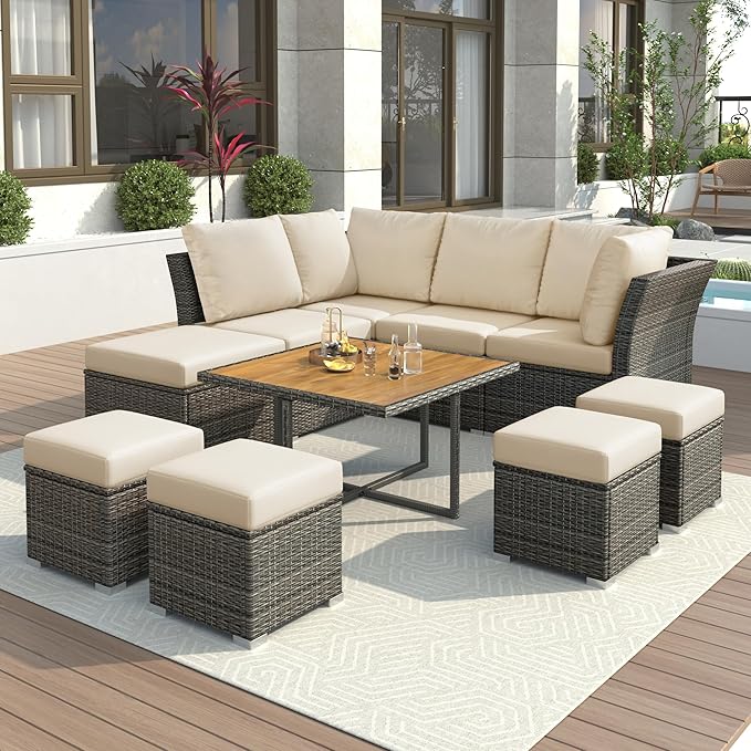 9 Piece Patio Furniture Set with Solid Wood Coffee Table and Ottomans, Rattan Modular Outdoor Sectional Conversation Sofa, for Garden Backyard, Onesize, Beige
