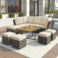 9 Piece Patio Furniture Set with Solid Wood Coffee Table and Ottomans, Rattan Modular Outdoor Sectional Conversation Sofa, for Garden Backyard, Onesize, Beige