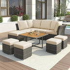 9 Piece Patio Furniture Set with Solid Wood Coffee Table and Ottomans, Rattan Modular Outdoor Sectional Conversation Sofa, for Garden Backyard, Onesize, Beige