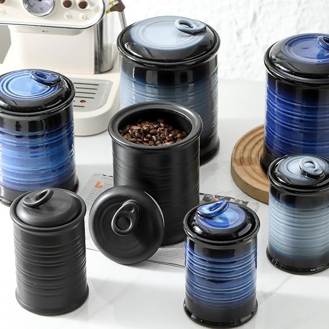 Nihow Food Storage Jar Sets: Ceramic Container with Air Tight Lid for Flour/Sugar/Rice/Coffee/Cookies/Candy - Seal Damp-proof Canister for The Kitchen Counter - Set of 4 （Matte Black）
