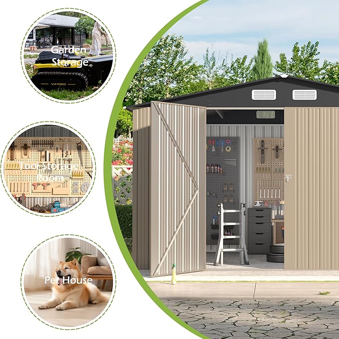 8×10 FT Metal Shed Outdoor with Peaked Roof, Weather Resistant Outdoor Storage Shed with Lockable Double Doors for Backyard, Patio Lawn, Garden
