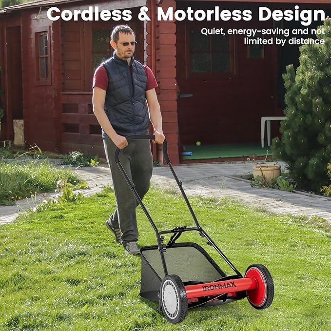 Goplus Manual Lawn Mower, 16 Inch 5-Blade Walk-Behind Cordless Grass Cutter with 7 Gallon Removable Grass Collect Bag, Adjustable Cutting Heights, Push Reel Lawn Mower for Yard, Garden