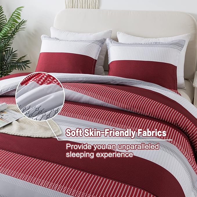 Litanika Red Comforter Set King, 3 Pieces Boy Men Women Girls Christmas Comforter Bedding Set, Burgundy White Colorblock Stripe for Winter (104x90In Comforter & 2 Pillowcases)