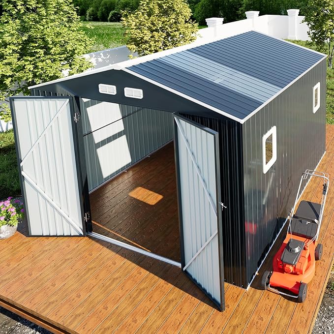 Metal Shed 10x10x7 FT with Floor Kit, Enhance Your Space with Natural Lighting, Outdoor Storage Steel Sheds with Base, Windows, Translucent Roofs, and Lockable Doors, Ideal for Garden & Patio