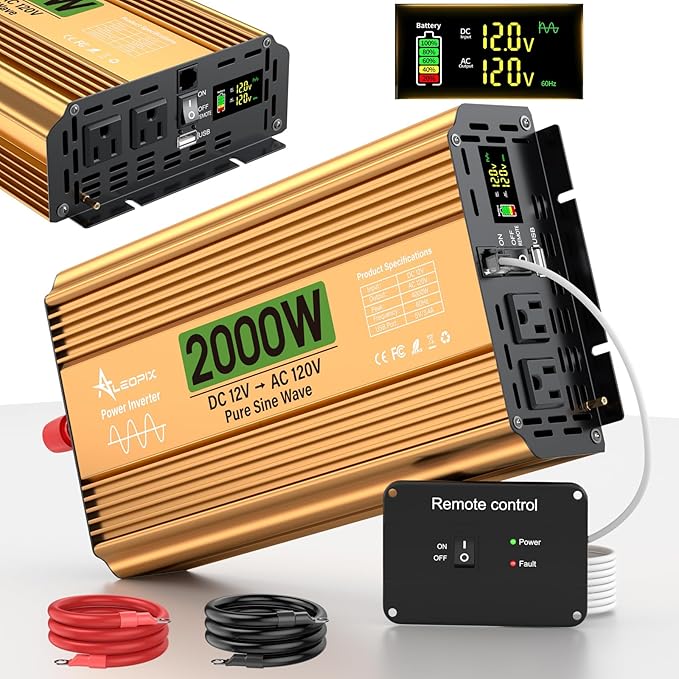 2000 Watt Inverter 12V DC to 110V/120V AC, Pure Sine Wave Inverter for Truck/RV/Home/Solar/Off-Grid, Surge 4000W Pure Sine Power with 2 AC Sockets, 5V 3.4A USB, Digital Display, Remote Controller