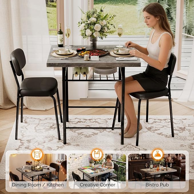 VINGLI Dining Table Set for 2, Small Kitchen Table Set with Upholstered Chairs, 3-Piece Dining Set with Storage Rack, Wood Dining Room Set with Metal Legs for Small Spaces, Living Room, Grey