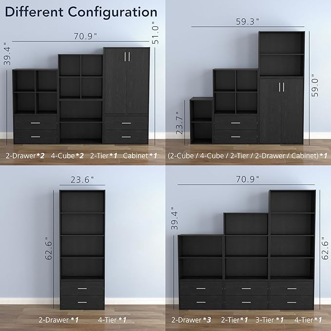 Apexa 2-Tier Cube Storage Organizer Shelves, Stackable Wood Bookcase Fits Cubby Bins for Organization, Dorm Teen Room Decor & Home Office, Black