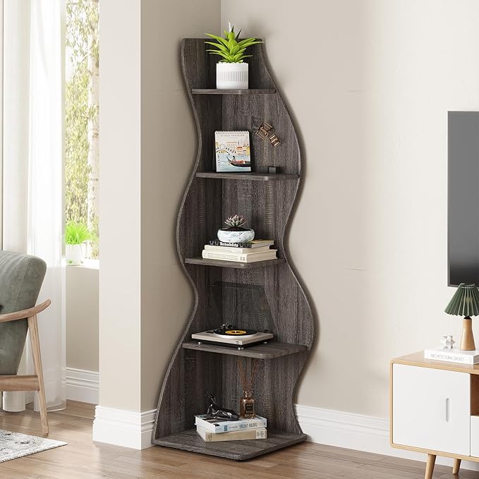 Small Corner Shelf, Modern 5-Tier Wall Corner Bookshelf, Stylish Bookcase Storage Rack for Small Space,Living Room. Bedroom