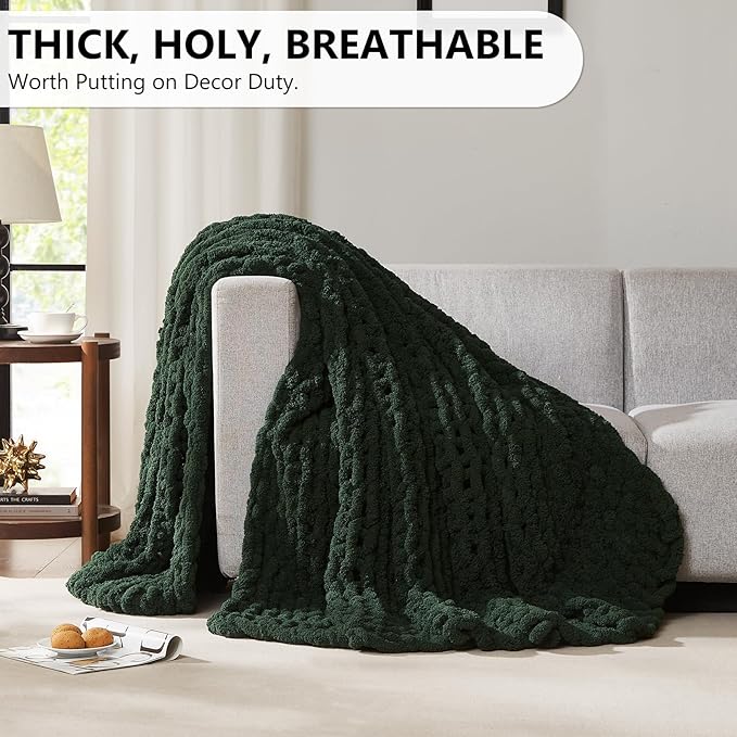 L'AGRATY Chunky Knit Blanket Throw: 72''x84'' Chenille Chunky Knitted Throw Blanket for Bed Couch - Handmade Thick Big Cable Knit Blanket - Large Chunky Crochet Rope Blanket for Home Decor(Green)