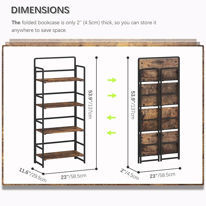 4NM No-Assembly 4 Tiers Folding Bookshelf Storage Shelves Vintage Bookcase Standing Racks Study Organizer Home Office (Rustic Brown and Black)
