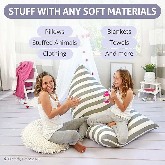 Butterfly Craze Bean Bag Chair Cover, Functional Toddler Toy Organizer, Fill with Stuffed Animals to Create a Jumbo, Comfy Floor Lounger for Boys or Girls, Stuffing Not Included, Grey Stripe