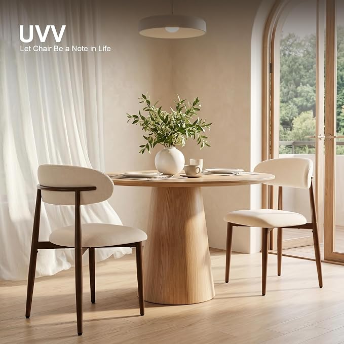 UVV Dining Chairs Set of 2, Metal Kitchen Chairs with Modern Fabric Upholstered for Dining Room, Beige
