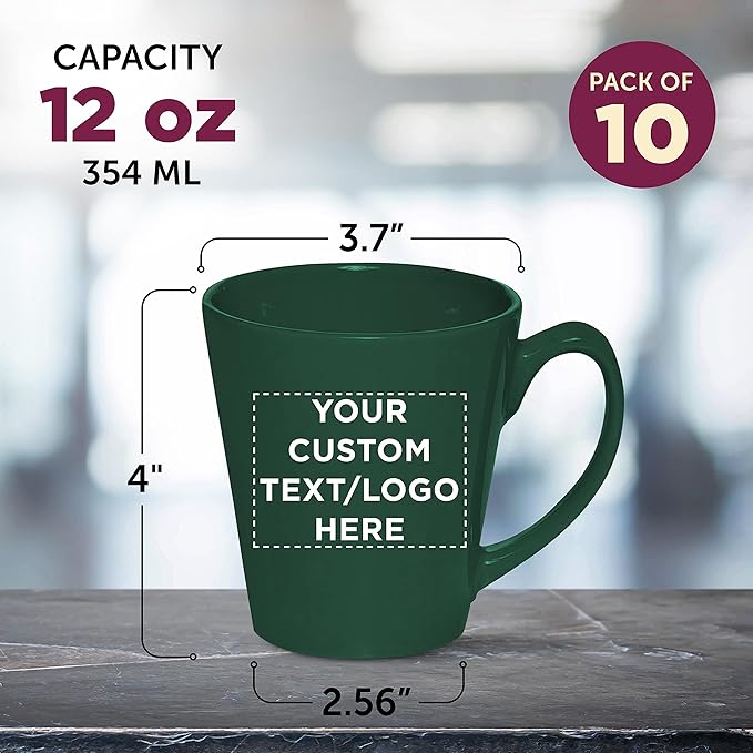 DISCOUNT PROMOS Custom Glossy Ceramic Latte Coffee Mug 12 oz. Set of 10, Personalized Bulk Pack - Perfect for Tea, Espresso, Cappuccino, Hot Cocoa - Green