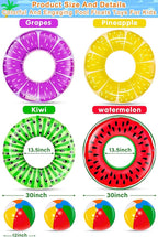 8 Pack Inflatable Pool Floats Kids, 4 Pcs Fruit Swim Tubes Rings and 4 Pcs Beach Balls, Pool Floaties Summer Hawaiian Beach Toys Swimming Luau Party Floats for Kids Adults Water Fun