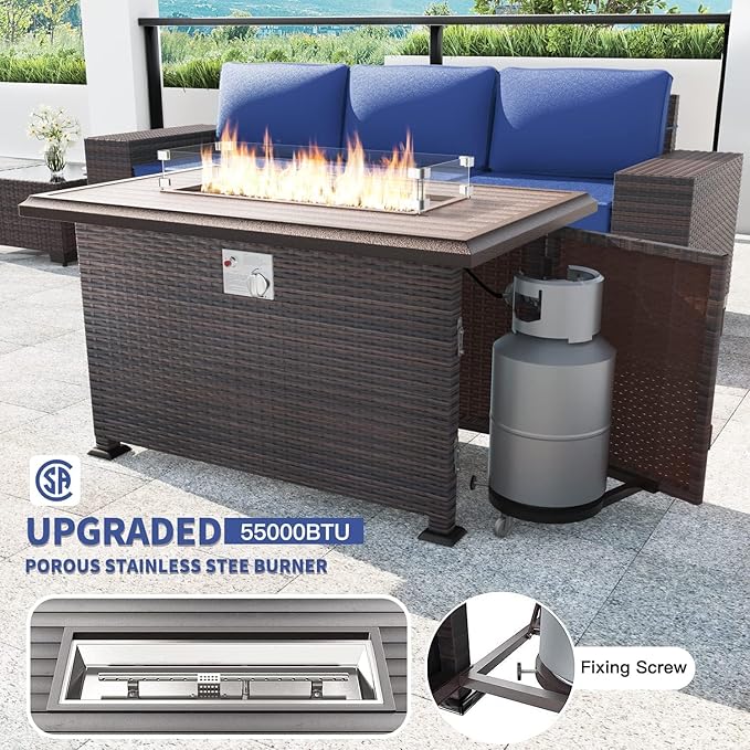 Kullavik 7 Pieces Outdoor Patio Furniture Set with 43" 55000BTU Gas Propane Fire Pit Table PE Wicker Rattan Sectional Sofa Patio Conversation Sets,Navy Blue