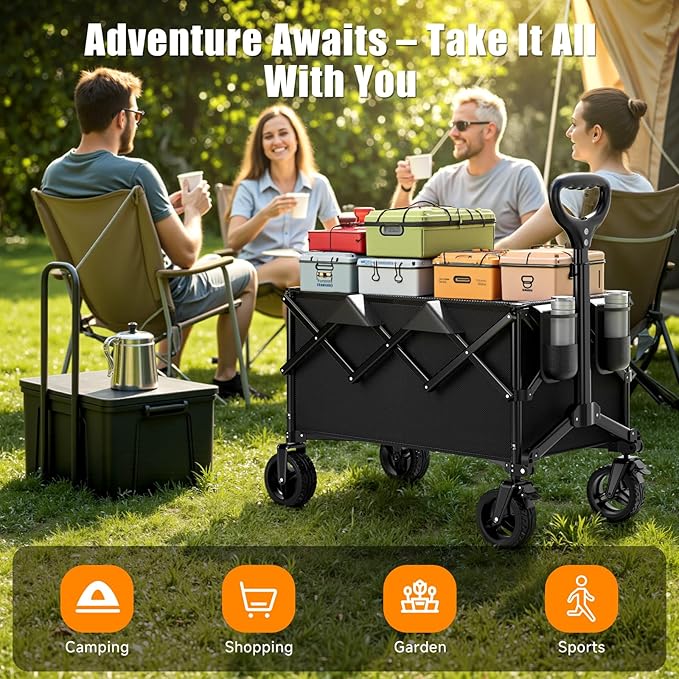 Collapsible Wagon Cart with Universal Wheels, 480LBS Wagons Carts Heavy Duty Collapsible Wagon with Cup Holders, Utility Beach Carts for Camping, Garden, Shopping, Fishing, Sports