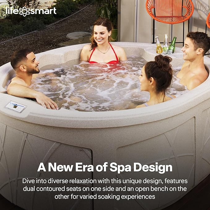 LifeSmart 4-Person Hot Tub, Outdoor Spa with Cover and LED Lights, Circular, Beige - Above-Ground Spa Machine with Accessories for Home and Personal Relaxation
