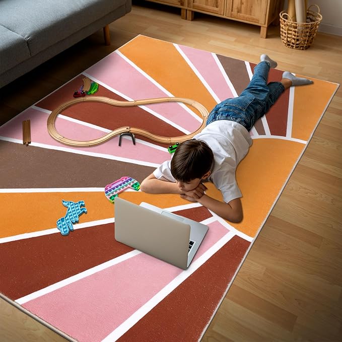 Topotdor Sun Rainbow Area Rug 4 x 6ft Boho Kids Nursery Rug, Colorful Washable Area Rug Ultra Soft Circle Classroom Rug Non-Slip for Bedroom Living Room Playroom Decor, Pink
