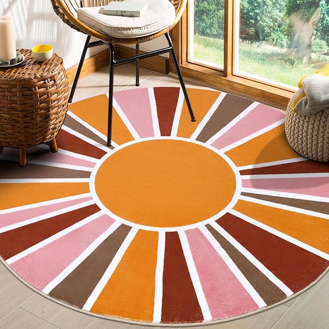 Topotdor Sun Rainbow Round Rug 4ft Boho Kids Nursery Rug, Colorful Washable Area Rug Ultra Soft Circle Classroom Rug Non-Slip for Bedroom Living Room Playroom Decor, Pink