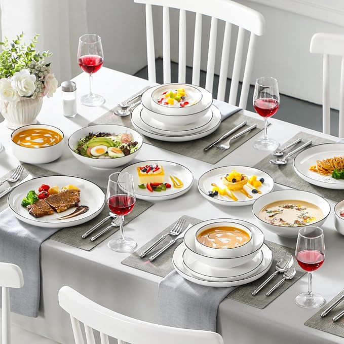 MALACASA 24 Pcs Porcelain Plates and Bowls Sets,Dinnerware Set for 6,White | Modern Ceramic Dishware Set,Kitchen Dining Ware,Microwave and Dishwasher Safe,Simple White with Black Trim Design,Series LUNA