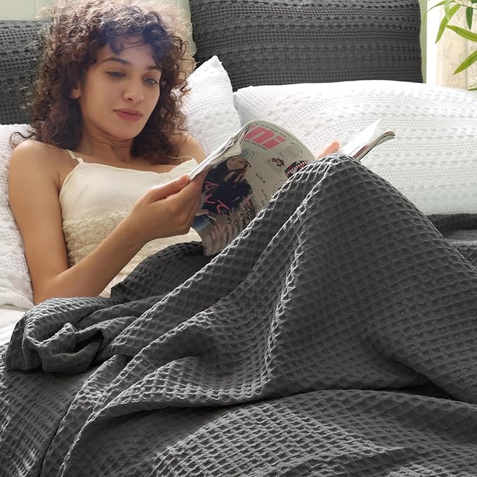 PHF Ultra Soft Waffle Weave Blanket King Size 104"x 90"- Washed Lightweight Breathable Cozy Woven Blanket for Bed - Aesthetic Decor for Couch Bedding Sofa Home Car - Grey