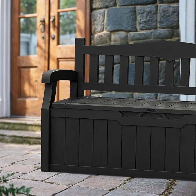 Devoko 80 Gallon Storage Bench Deck Box Lockable for Patio Furniture, Garden Decor and Outdoor Seating for Cushions, Garden Tools and Pool Supplies (Black)