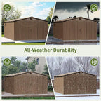 10x12 Ft Large Outdoor Storage Shed, Brown Metal Garden Outdoor Storage Workshop Shed with Lockable Doors, Windows, Air Vents, Waterproof for Backyard, Mower Storage, Backyard, Lawn, Patio