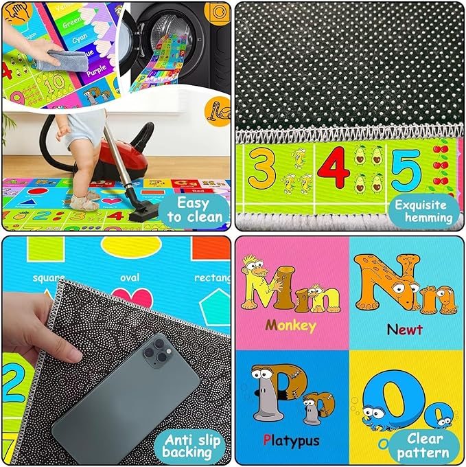 Kids Alphabet Play Game Rug - 2' 7" x 4' ABC Numbers and Shapes Educational Learning Toddler Carpet - Kids Room Playroom Classroom Kindergarten Activity Fun Soft Non-Slip Mat