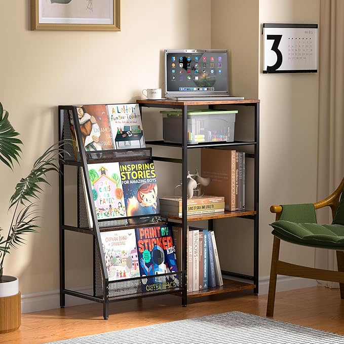 Vintage Bookshelf, Wooden Kids Bookshelf with 3-Tier Ladder Book Display Rack, Small Book Shelf Library Bookcase Storage Organizer, Short Wide Small Bookshelf Bookcase for HomeOffice