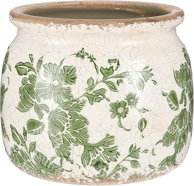 Vintage Planter Large Ceramic Plants Pot Beige Green Vintage Floral Ice Crack Cottage Scroll Vase Flower Vase Pot Indoor Plants Home Kitchen Decor Farmhouse Antique Decorative Gifts
