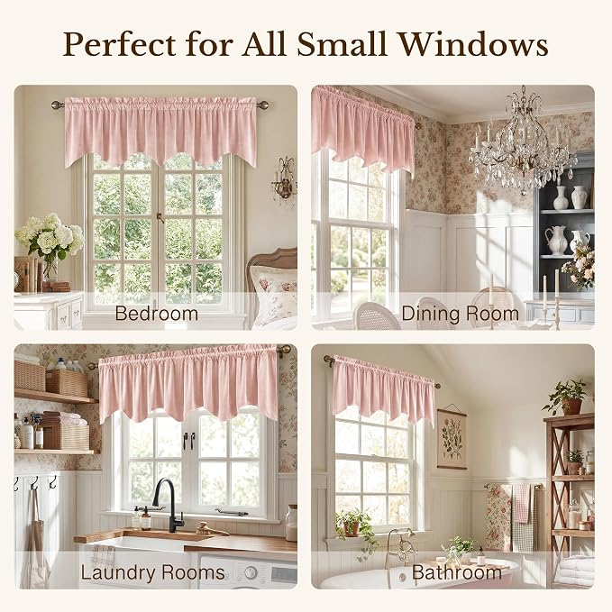 Pink Spring Decor Velvet Window Valance 52x18 Inch 1 Panel | Soft Wavy Pink Kitchen Curtains for Small Windows, Cute Decorative Window Treatment for Nursery Bedroom