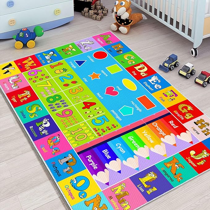 Kids Alphabet Play Game Rug - 2' 7" x 4' ABC Numbers and Shapes Educational Learning Toddler Carpet - Kids Room Playroom Classroom Kindergarten Activity Fun Soft Non-Slip Mat