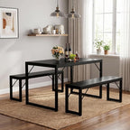 Bealife Dining Table Set for 4 with Metal Frame and MDF Board - Black | Space Saving Kitchen Table with 2 Benches, Kitchen Table Set for Apartment, Dining Room, Breakfast Nook
